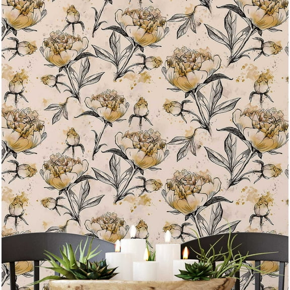 S4Sassy Peel And Stick Wall Covering, Hand-Drawn Peony Removable Wallwrap - Beige Instant Wall Makeover Mural For Bathroom, Laundry Room, Closet Interior - Self-Adhesive Wallpaper Vinyl -25"X 120"