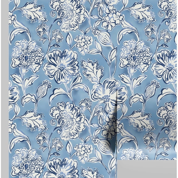 S4Sassy Peel and Stick Wall Covering, Handdrawn Garden Floral Removable Wall Wrap-Instant for Bathroom, Laundry Room, Closet Interior- Self-Adhesive Wallpaper Vinyl- Blue, 25"x360"
