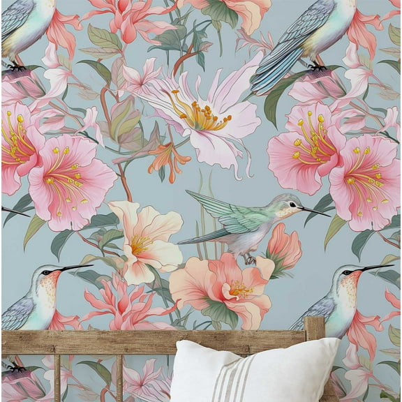 S4Sassy Peel And Stick Wall Covering, Hibiscus Flower & Bird Removable Wallwrap- Blue Instant Wall Makeover Mural For Bathroom, Laundry, Closet Interior- Self-Adhesive Wallpaper Vinyl -25"X60"