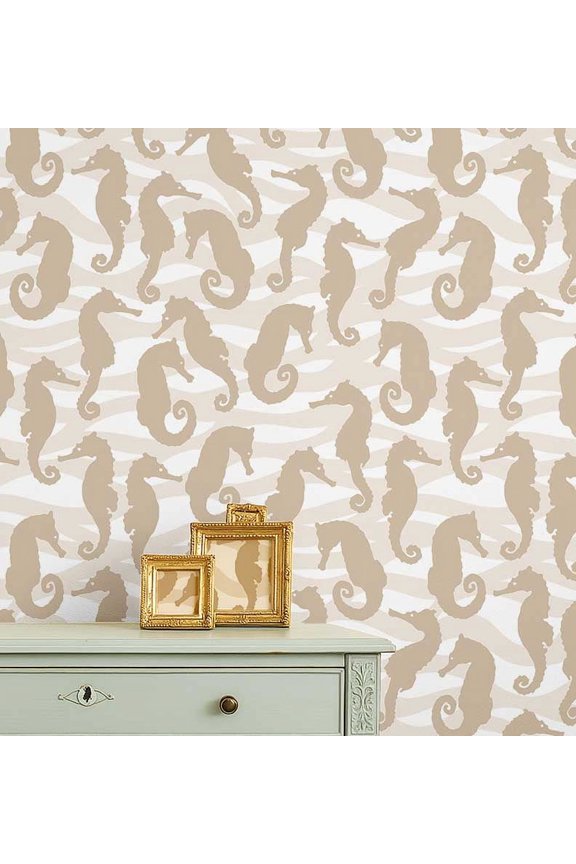 Peel and Stick Wall Covering, Monochrome Seahorse Waves Removable Wall Wrap - Beige Instant Walls Makeover Mural for Bathroom, Laundry Room, Closet - Self-Adhesive Wallpaper Vinyl -25"x60"