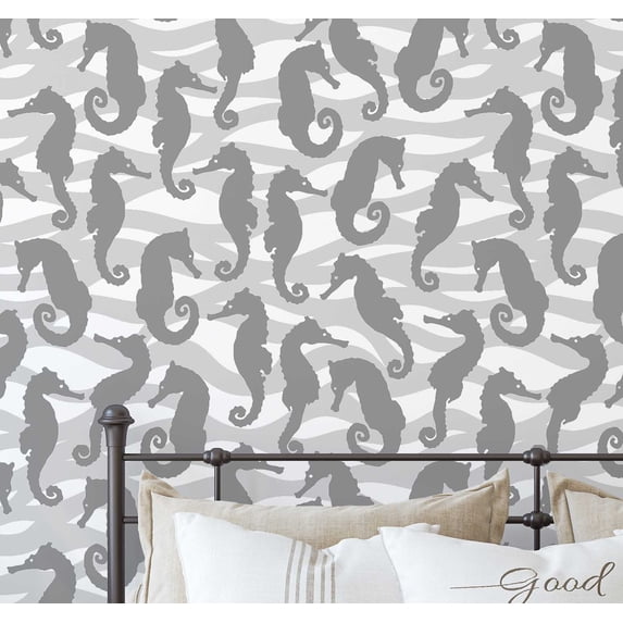 S4Sassy Peel and Stick Wall Covering, Monochrome Seahorse Waves Removable Wall Wrap - Grey Instant Walls Makeover Mural for Bathroom, Laundry Room, Closet - Self-Adhesive Wallpaper Vinyl -25"x60"