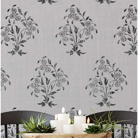 S4Sassy Peel And Stick Wall Covering, Motif Bouquet Print Removable Wall Wrap - Gray Mural For Vintage Farmhouse Decor, Bathroom, Laundry Room - Self-Adhesive Removable Wallpaper Vinyl (25"X 120")
