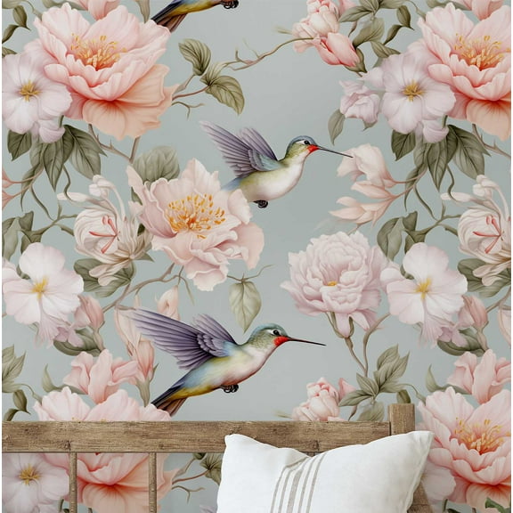 S4Sassy Peel And Stick Wall Covering, Peony & Bird Removable Wallwrap - Blue Instant Wall Makeover Mural For Bathroom, Laundry Room, Closet Interior - Self-Adhesive Wallpaper Vinyl -25"X240"