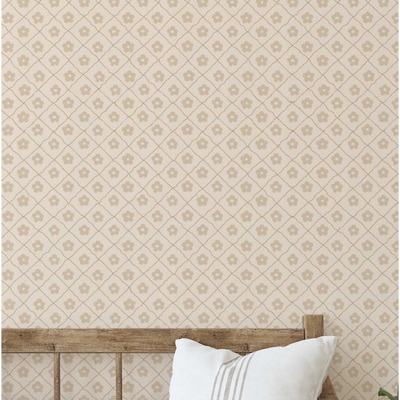 S4Sassy Peel and Stick Wall Covering, Petite Floral Checkered Removable Wall Wrap- Asian Style Textured Mural, Instant for Laundry Room, Closet Self-Adhesive Wallpaper Vinyl- Beige, 25"x240"