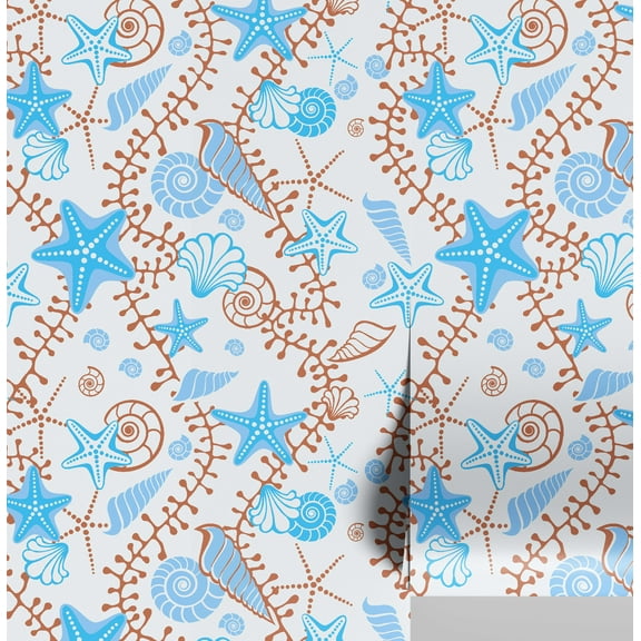 S4Sassy Peel and Stick Wall Covering, Playful Starfish & Shells Removable Wall Wrap - Blue Instant Walls Makeover Mural for Bathroom, Laundry Room, Closet - Self-Adhesive Wallpaper Vinyl -25"x120"