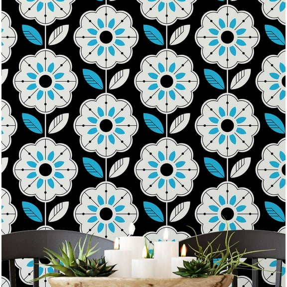 S4Sassy Peel And Stick Wall Covering, Retro Floral Removable Wallwrap - Black Instant Wall Makeover Mural For Bathroom, Laundry Room, Closet Interior - Self-Adhesive Wallpaper Vinyl -25"X 60"