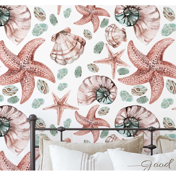 S4Sassy Peel and Stick Wall Covering, Sea Life Watercolor Shells & Starfish Removable Wall Wrap- Textured Brown Walls Mural for Bathroom, Laundry Room, Closet- Self-Adhesive Wallpaper Vinyl -25"x60"