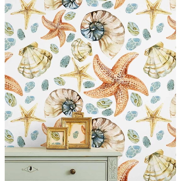 S4Sassy Peel and Stick Wall Covering, Sea Life Watercolor Shells & Starfish Removable Wall Wrap- Textured Orange Walls Mural for Bathroom, Laundry Room, Self-Adhesive Wallpaper Vinyl -25"x240"