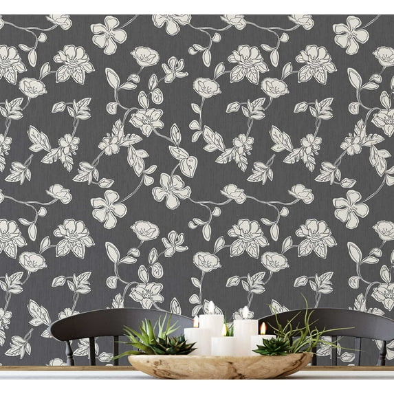 S4Sassy Peel and Stick Wall Covering, Sketch Floral Wallpaper Removable Wallwrap - Gray Instant Wall Mural for Bedroom, Bathroom, Laundry Room, Closet Interior (25"x120" inch)