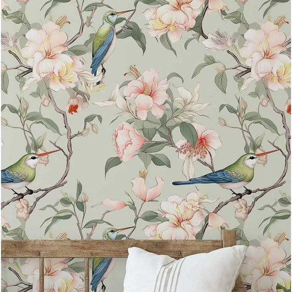 S4Sassy Peel And Stick Wall Covering, Spring Bird & Flower Removable Wallwrap- Green Instant Wall Makeover Mural For Bathroom, Laundry, Closet Interior- Self-Adhesive Wallpaper Vinyl -25"X120"