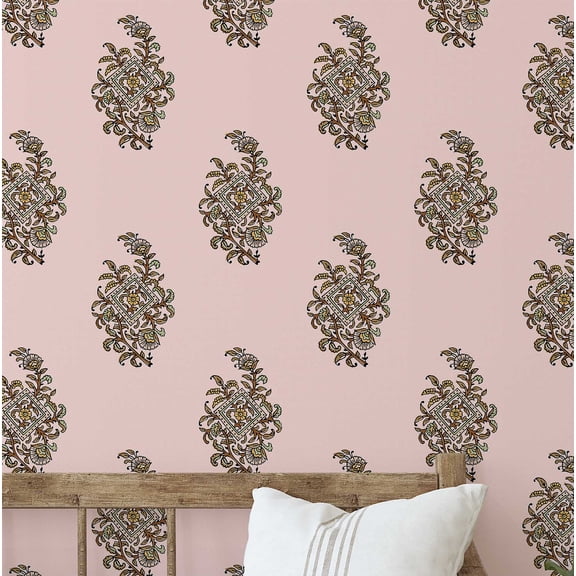S4Sassy Peel and Stick Wall Covering, Traditional Booti Motif Removable Wall Wrap- Asian Style Mural, Instant for Bathroom, Laundry Room, Closet Interior- Self-Adhesive Wallpaper Vinyl- Pink, 25"x60"