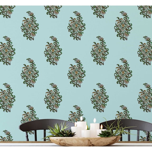 S4Sassy Peel and Stick Wall Covering, Traditional Booti Motif Removable Wall Wrap-Instant for Bathroom, Laundry Room, Closet Interior- Self-Adhesive Wallpaper Vinyl- Blue, 25"x360"