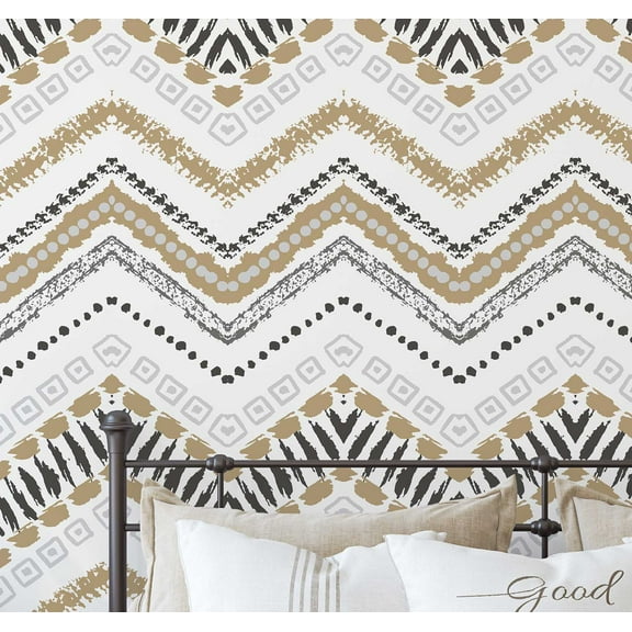 S4Sassy Peel and Stick Wall Covering, Tribal Zigzag Removable Vinyl Wallwrap - Modern Wall Mural, Beige Instant Walls Makeover Wallpaper for Bedroom, Bathroom, Laundry Room, Closet Interior -25"x120"