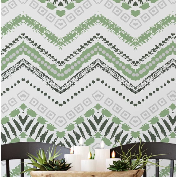 S4Sassy Peel and Stick Wall Covering, Tribal Zigzag Removable Vinyl Wallwrap- Textured Wall Mural, Green Instant Walls Makeover Wallpaper for Bedroom, Bathroom, Laundry Room -25"x120"