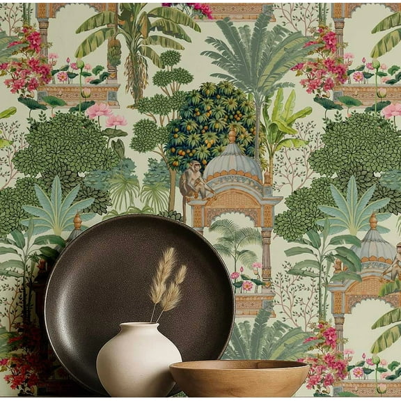 S4Sassy Peel and Stick Wall Covering, Tropical Garden Print Removable - Asian Style Walls Mural, Instant Wall Makeover for Bathroom, Closet Interior - Self-Adhesive Wallpaper Vinyl - Green, 25"x120"
