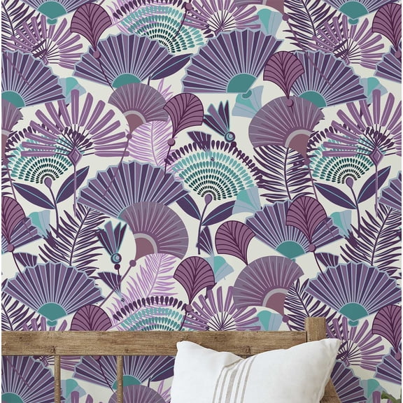 S4Sassy Peel and Stick Wall Covering, Tropical Palm Fan Wallpaper Removable Wallwrap - Purple Instant Wall Mural for Bedroom, Bathroom, Laundry Room, Closet Interior (25"x60" inch)