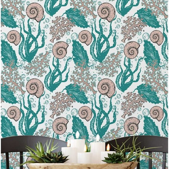 S4Sassy Peel and Stick Wall Covering, Underwater Seaweed & Shells Removable Wall Wrap - Green Instant Walls Makeover Mural for Bathroom, Laundry Room, Closet - Self-Adhesive Wallpaper Vinyl -25"x120"