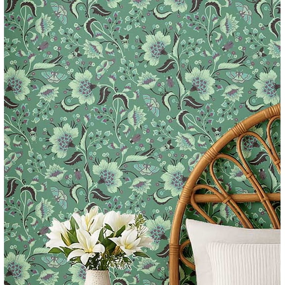 S4Sassy Peel And Stick Wall Covering, Vintage Floral Removable Wallwrap - Green Instant Wall Makeover Mural For Bathroom, Laundry Room, Closet Interior - Self-Adhesive Wallpaper Vinyl -25"X 60"