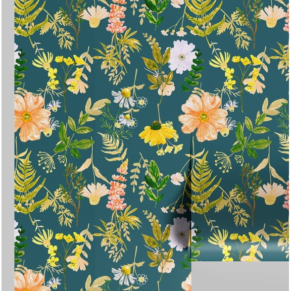 S4Sassy Peel and Stick Wall Covering, Wildflower Botanical Removable Walls Wrap- Green Instant Wall Makeover Mural for Bathroom, Laundry Room, Closet Interior- Self-Adhesive Wallpaper Vinyl- 25"x60"