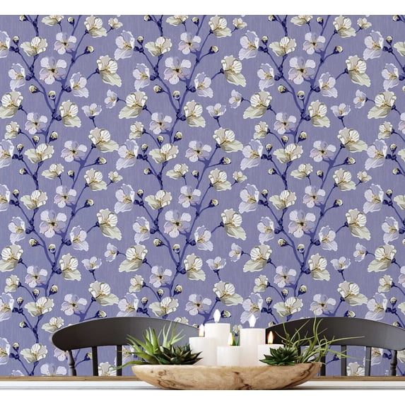 S4Sassy Peel and Stick Walls Covering, Blossom Bloom Print- Asian Style Wall Mural, Instant Walls Makeover for Bathroom, Laundry Room, Closet Interior- Self-Adhesive Wallpaper Vinyl- Purple, 25"x120"