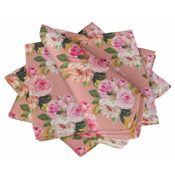 S4Sassy Pink Stripe & Ranunculus Floral Re-Usable Napkin Dinning Set Wedding Party Table Linen 18 x 18"(Pack of 6)