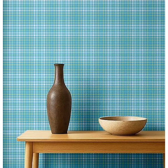 S4Sassy Plaid Checks Wallpaper - Turquoise Wall Covering, 25" x 60" Self-Adhesive Textured Vinyl Walls Paper, Wall Wrap, Easy DIY Walls Covering For Farmhouse Bedroom, Living Room, Cabinets