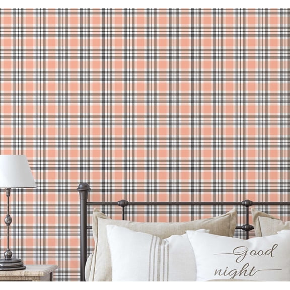 S4Sassy Plaid Print Wallpaper - Orange Wall Covering, 25" X 60" Self-Adhesive Vinyl Walls Paper, Decorative Wallwrap, Easy Diy Walls Covering For Bedroom, Living Room, Living Space