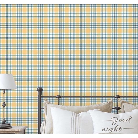 S4Sassy Plaid Print Wallpaper - Yellow Wall Covering, 25" X 60" Self-Adhesive Vinyl Walls Paper, Decorative Wallwrap, Easy Diy Walls Covering For Bedroom, Living Room, Living Space
