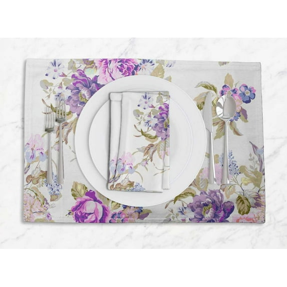 S4Sassy Purple Leaves,Lilac & Peony Floral Washable Placemats & Napkins Table Decor Dining Mats