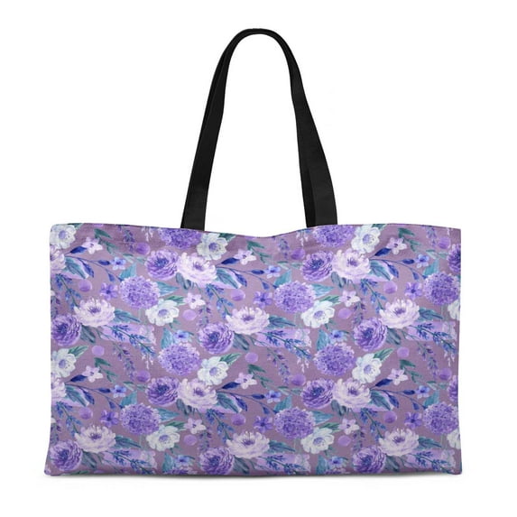 S4Sassy Purple Lilac & Peony Floral Printed Canvas Large Tote Bag for Beach Shopping Groceries Books 12x16 Inches