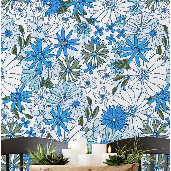 S4Sassy Removable Nature-Inspired Waterproof Wall Wrap, Finish Wallcover, Retro Floral Contact Paper For Walls, Cabinets, Dresser, Self Adhesive Vinyl Wallpaper Roll - Blue (25"X 60")