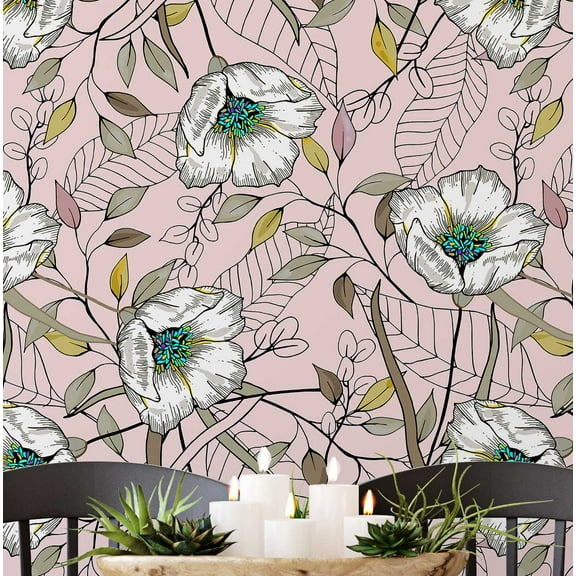 S4Sassy Removable Nature-Inspired Waterproof Wall Wrap, Finish Wallcover, Sketch Flower Vines Contact Paper For Walls, Cabinets, Dresser, Self Adhesive Vinyl Wallpaper Roll - Pink (25"X 240")