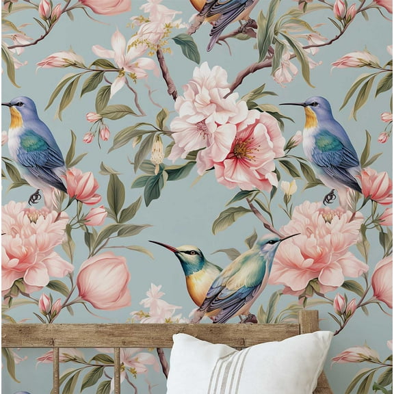 S4Sassy Removable Nature-Inspired Waterproof Wall Wrap, Plain Finish Wallcover, Bird & Floral Bloom Contact Paper For Walls, Dresser, Self Adhesive Vinyl Wallpaper Roll- Blue(25"X120")