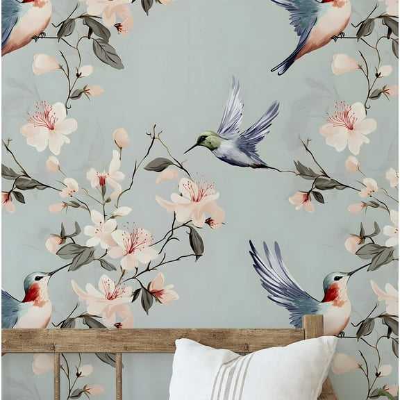 S4Sassy Removable Nature-Inspired Waterproof Wall Wrap, Plain Finish Wallcover, Bird & Flower Contact Paper For Walls, Cabinets, Dresser, Self Adhesive Vinyl Wallpaper Roll - Blue (25"X120")