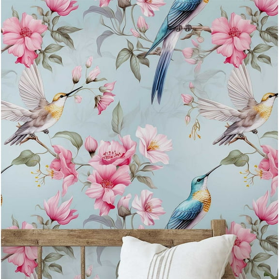 S4Sassy Removable Nature-Inspired Waterproof Wall Wrap, Plain Finish Wallcover, Bird & Flower Contact Paper For Walls, Cabinets, Dresser, Self Adhesive Vinyl Wallpaper Roll - Blue (25"X120")