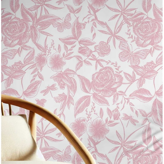 S4Sassy Removable Nature-inspired Waterproof Wall Wrap, Wallcover, Etched Rose Garden Contact Paper for Walls, Cabinets, Dresser, Self Adhesive Vinyl Wallpaper Roll- Pink (25"x120")