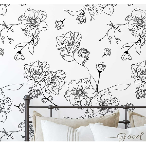 S4Sassy Removable Nature-inspired Waterproof Wall Wrap, Wallcover, Minimal Line Art Blooms Contact Paper for Walls, Cabinets, Dresser, Self Adhesive Vinyl Wallpaper Roll- Black (25"x60")