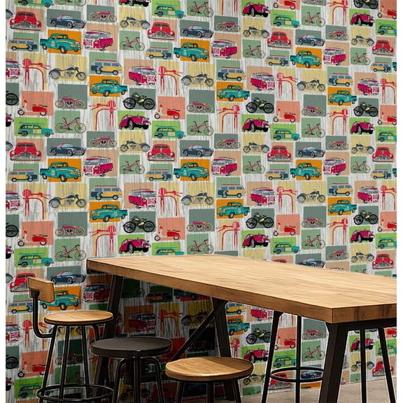 S4Sassy Retro Vehicles Wallpaper - Commercial Space Wall Covering, 25" x 240" Self-Adhesive Vinyl Wall Paper, Decorative Walls Wrap, Easy DIY Walls Covering For Retail, Office Spaces - Multi