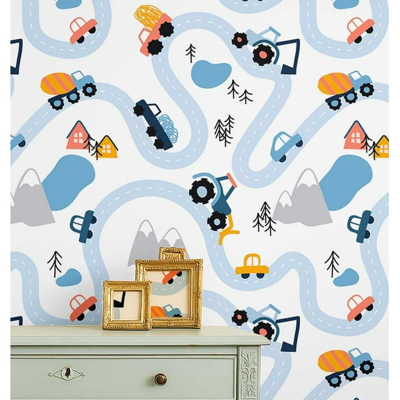 S4Sassy Road Map & Vehicle Wallpaper- White Wall Covering, 25" X 60" Self-Adhesive Textured Vinyl Wallpaper, Wallwrap, Easy Diy Wall Covering For Kids Bedroom, Room Decor, Playroom