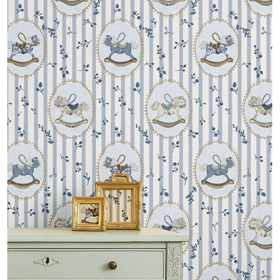 S4Sassy Rocking Horse Striped Wallpaper - Blue Wall Covering, 25" x 120" Self-Adhesive Vinyl Walls Paper, Wallwrap, Easy DIY Wall Covering For Kids Bedroom, Playroom wallpaper