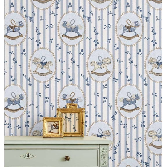 S4Sassy Rocking Horse Striped Wallpaper - Blue Wall Covering, 25" x 360" Self-Adhesive Vinyl Walls Paper, Wallwrap, Easy DIY Wall Covering For Kids Bedroom, Playroom wallpaper