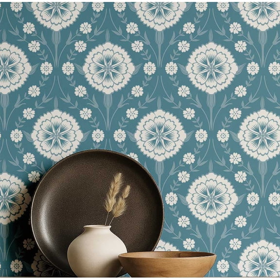 S4Sassy Royal Floral Medallion Wallpaper- Asian Style Wall Covering, 25" X 120" Self-Adhesive Plain Vinyl Wallpaper, Decorative Wallwrap, Easy Diy Wall Covering For Bedroom, Living Room- Blue
