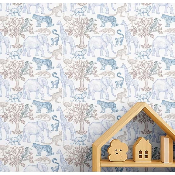 S4Sassy Safari Animal Wallpaper - Blue Wall Covering, 25" x 240" Self-Adhesive Textured Vinyl Walls Paper, Wall Wrap, Easy DIY Wall Covering For Kids Bedroom, Kids room wall decor, Playroom Wallpaper