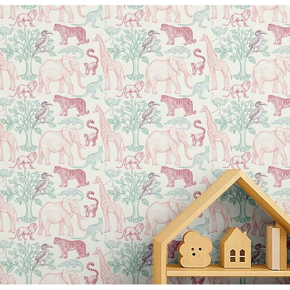 S4Sassy Safari Animal Wallpaper - Green Wall Covering, 25" x 60" Self-Adhesive Textured Vinyl Walls Paper, Wall Wrap, Easy DIY Wall Covering For Kids Bedroom, Kids room wall decor, Playroom Wallpaper