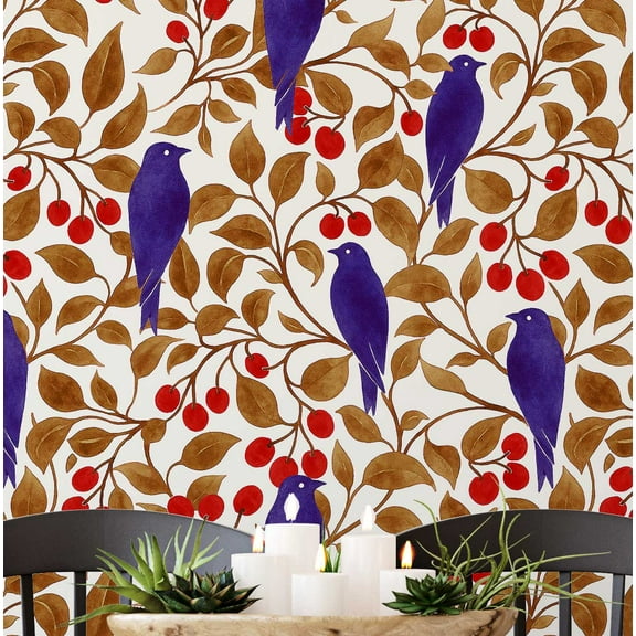 S4Sassy Self Adhesive Wallpaper, Bird & Cherry Wallpaper, Brown Removable Diy Vinyl Wall Covering, Textured Peel And Stick Contact Paper For Entryway Accent Wall, Easy Home Decor Solution (25"X 60")