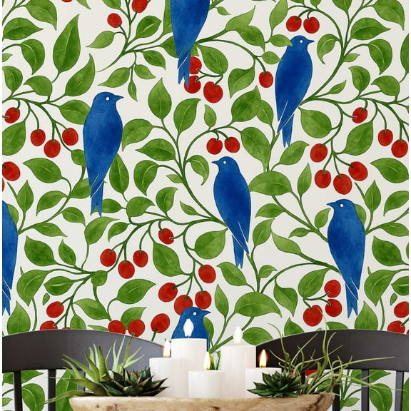 S4Sassy Self Adhesive Wallpaper, Bird & Cherry Wallpaper, Green Removable Diy Vinyl Wall Covering, Peel And Stick Contact Paper For Entryway Accent Wall, Easy Home Decor Solution (25"X 60")