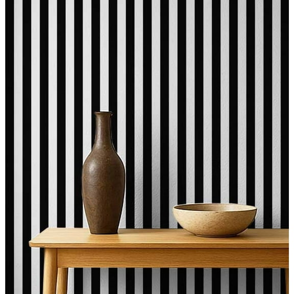 S4Sassy Self Adhesive Wallpaper, Black Vertical Stripes Wallpaper, Removable DIY Vinyl Wall Covering, Peel and Stick Contact Paper for Entryway Accent Wall, Easy Home Decor Solution(25"x120")