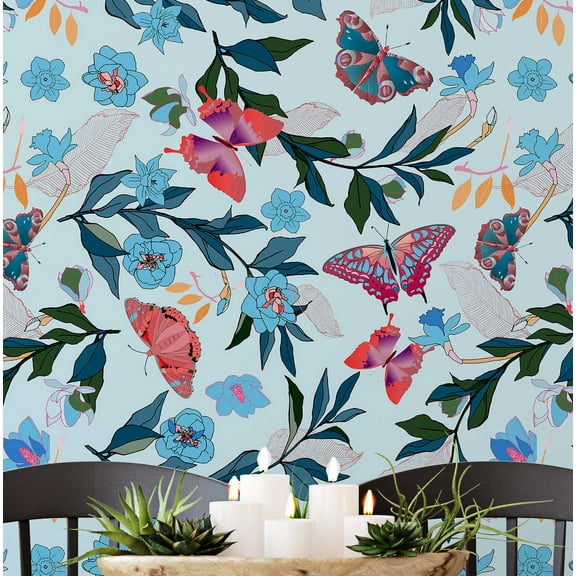 S4Sassy Self Adhesive Wallpaper, Butterfly & Floral Wallpaper, Blue Removable Diy Vinyl Wall Covering, Peel And Stick Contact Paper For Entryway Accent Wall, Easy Home Decor Solution (25"X 120")