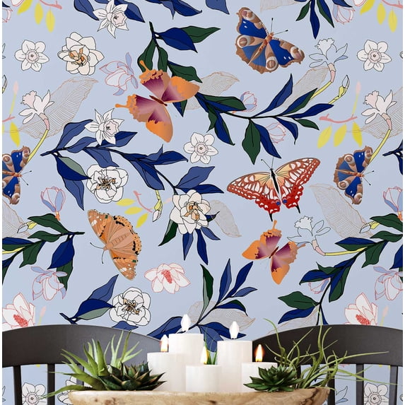 S4Sassy Self Adhesive Wallpaper, Butterfly & Floral Wallpaper, Blue Removable Diy Vinyl Wall Covering, Textured Peel And Stick Contact Paper For Entryway Accent Wall, Home Decor Solution (25"X 240")