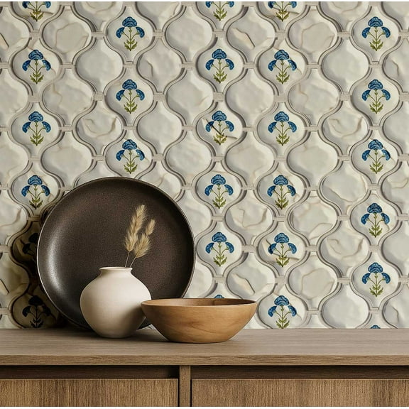 S4Sassy Self Adhesive Wallpaper, Floral Arabesque Tile Wallpaper, White Removable Diy Vinyl Tile Pattern Wall Covering, Plain Peel And Stick Contact Paper For Entryway, Kitchen Backsplash(25"X60")